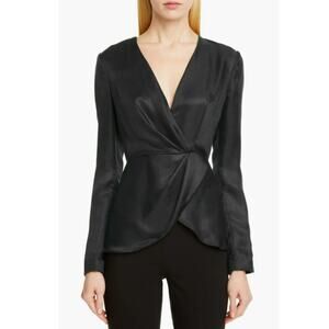 Brandon Maxwell Luxe Wrap Front Satin Blouse in Black Size 12 V-Neck Long Sleeve